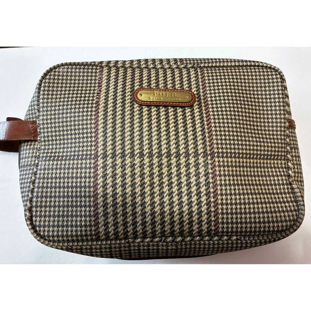 Vintage Polo Ralph Lauren Houndstooth Toiletry Bag Leather Trim Makeup Bag Brown